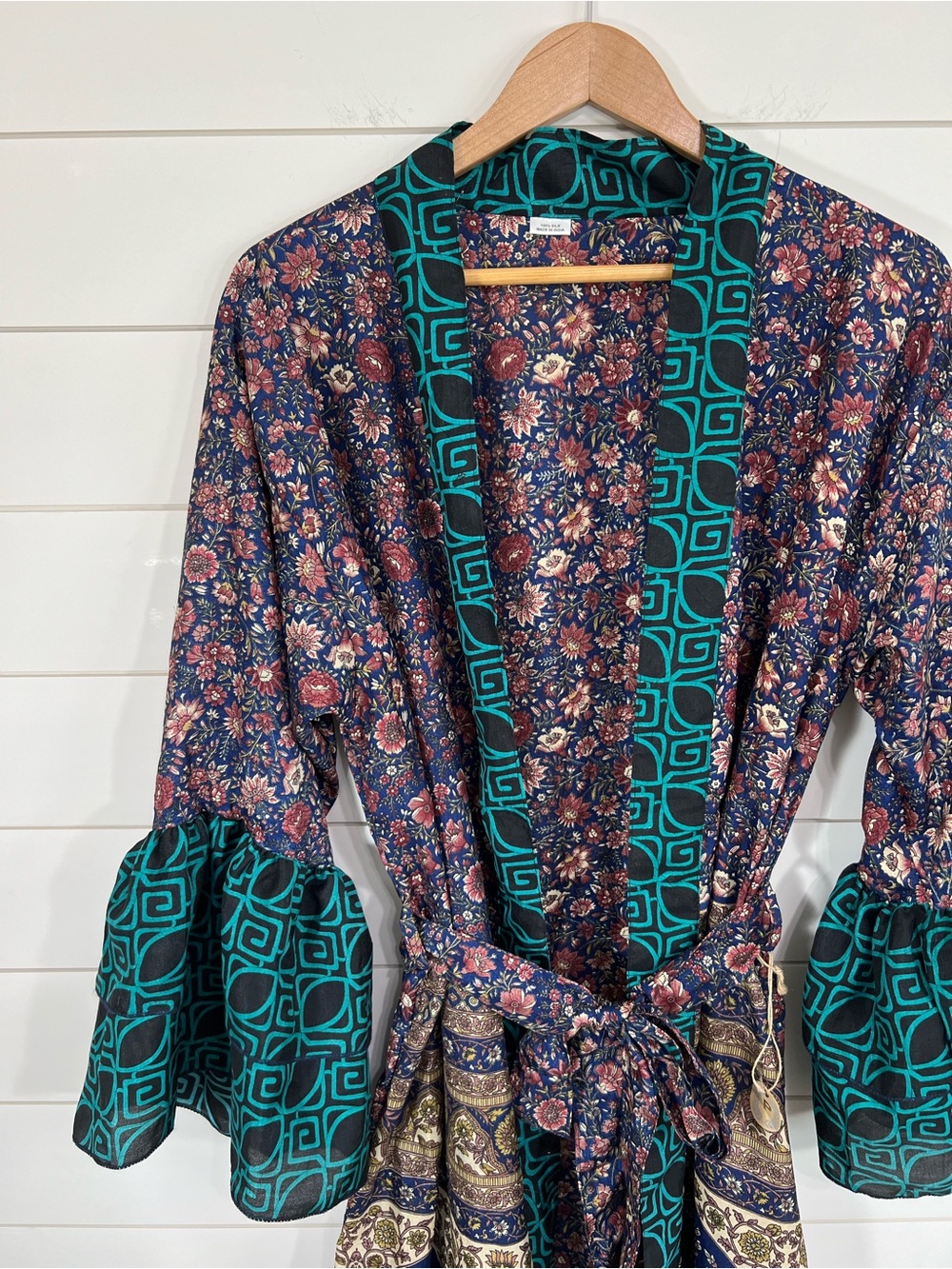 Boutique 100% Silk Boho Kimono Robe Womens Tie Waist Mixed Print Duster